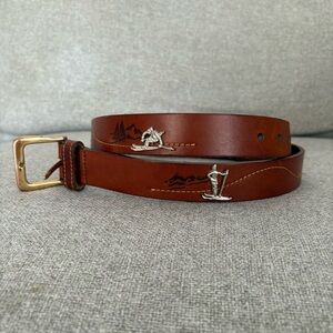 Vintage Cole Haan Men’s Brown Leather Belt with Skiers & Mountian Design Size 34